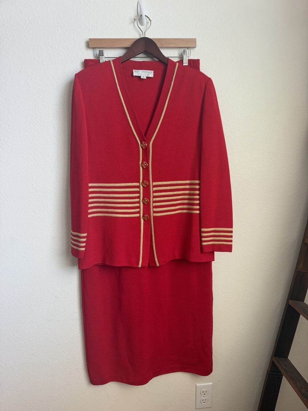 Vintage St. John Women's Red/gold Knit Cardigan 8 Skirt Size 10 Set New W/Tags